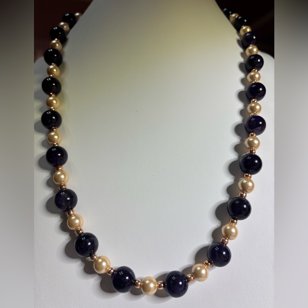 Handcrafted Amethyst And Cream Color Shell Pearl Necklace Rose Gold Tone Accents
